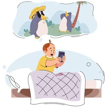 Little boy sitting on bed with tablet and watching cartoon. Kid s dependence on Stock Illustration