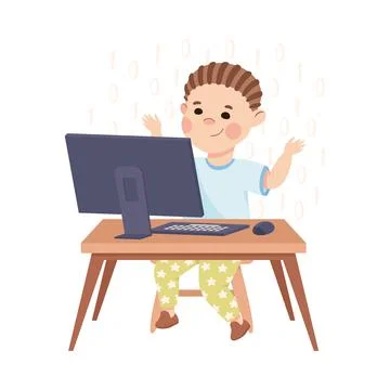 Little Boy Sitting at Computer and Coding Programming and Engineering Smart Illustrazione stock