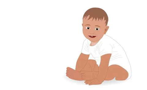 Little boy in sitting pose, looking and smiling on white background. Inform.. Stock Illustration