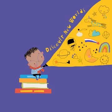 Little Boy sitting on Stack of Book and shining a Flashlight Stock Illustration