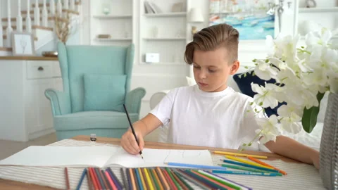 Little boy sitting at table and drawing with colored pencils Stock Footage 115089631