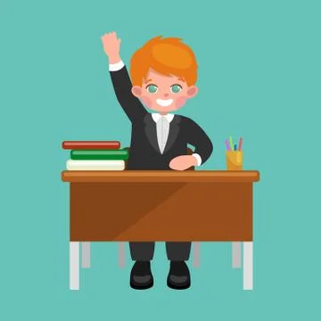 Little boy sitting at the table with notebooks and books, learning back to .. Stock Illustration