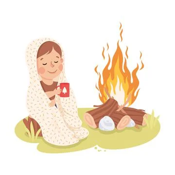 Little Boy Sitting on Tree Stump Near Campfire Covered with Blanket and Drinking Stock Illustration