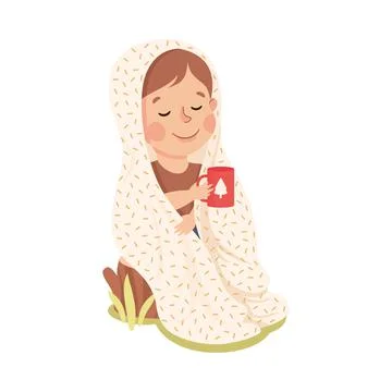 Little Boy Sitting on Tree Stump Covered with Blanket Holding Mug with Hot Tea Illustrazione stock