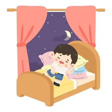 Little boy sleeping in bed at night Stock Illustration