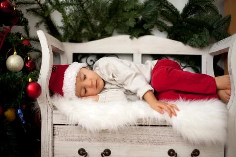 Little boy, sleeping on the bench under a christmas tree Stock Photos