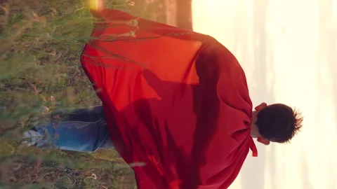 Little boy son running through park sunset superhero costume, child kid dream Stock Footage 315532339
