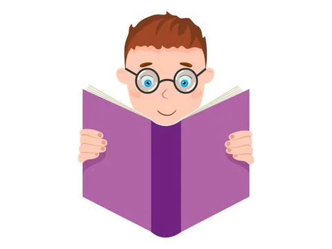 Little boy in spectacles reading a book. Vector illustration. Stock Illustration