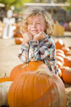 Little Boy Standing in a Rustic Ranch Setting at the Pumpkin Patch. Stock Photos