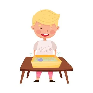 Little Boy Standing at Table and Splashing in Water Basin with Fish Vector イラスト素材