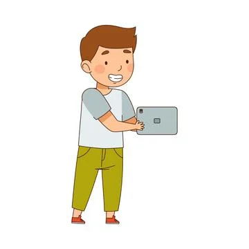 Little Boy Standing with Tablet PC and Watching Something Vector Illustration Stock Illustration