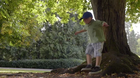 Little Boy Stands Under Tree, He Jumps Off Of Roots Onto Ground (Slow Motion) Video stock 55384378