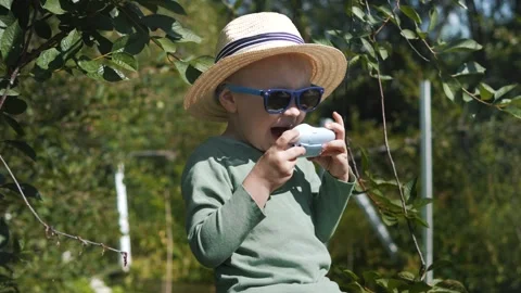 Little boy in a straw hat and sunglasses walking and playing in the garden Stock Footage 280339943