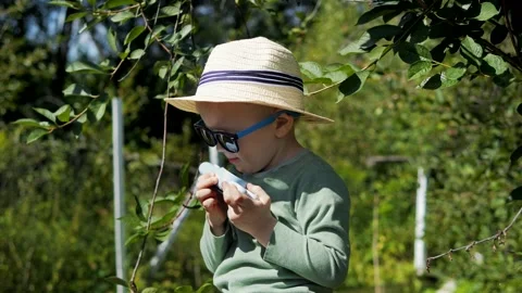 Little boy in a straw hat and sunglasses walking and playing in the garden Stock Footage 280339987