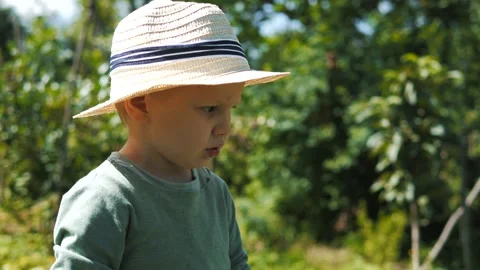 Little boy in a straw hat and sunglasses walking and playing in the garden Stock Footage 280340137