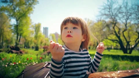 A little boy in a striped jacket  sits on a large wooden turtle. Stock Footage 154960558