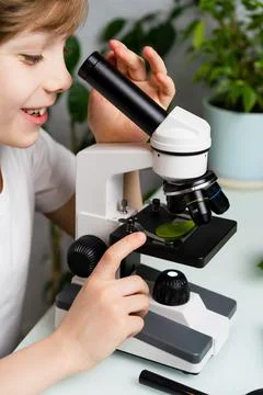 A little boy studies plants in a microscope and smile, back to school, school Stock Photos