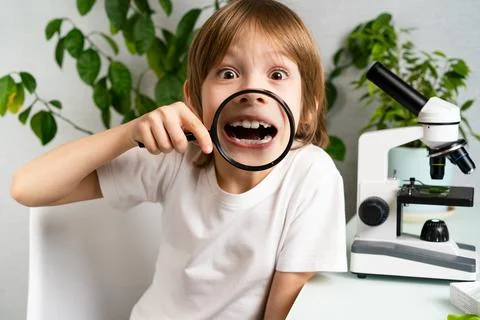 A little boy studies plants with a microscope, smile through a magnifying glass Stock Photos