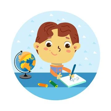 Little boy study, do homework. Cute cartoon character. Vector illustration for Stock Illustration