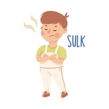 Little Boy Sulking Standing with Grumpy Face as Demonstration of Vocabulary and Stock Illustration