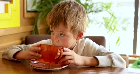 Little boy at table drinking hot tea from cup Stock Footage 295127141