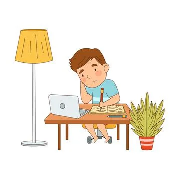 Little Boy at Table In Front of Laptop Training and Doing Homework as Home Study Stock Illustration