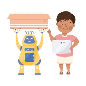 Little Boy with Tablet Programming Robot Carrying Cardboard Box Using Smart Stock Illustration