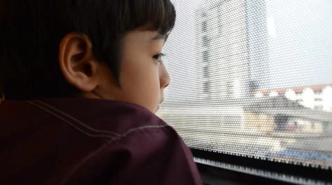 Little boy taking sky train transportation city view Stock Footage