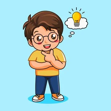 Little Boy Thinking got With Idea Lightbulb Sign Illustrazione stock