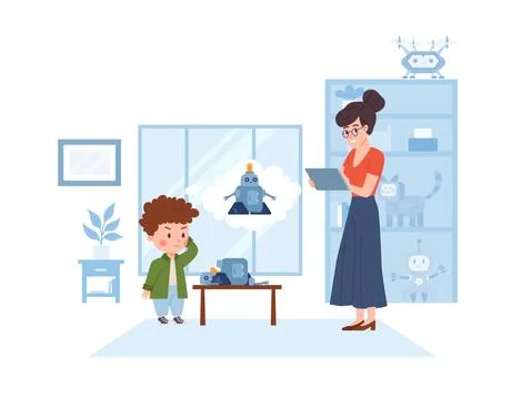 Little boy thinking how to make robot, cartoon flat vector illustration isolated Stockillustratie