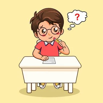 Little Boy Thinking While Doing Homework at desk Vector Illustration Illustrazione stock