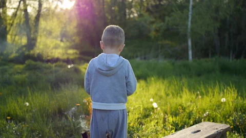 Little boy throwing paper into a campfire outdoors at sunset Stock Footage 131741896