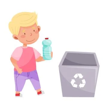 Little Boy Throwing Plastic Bottle in Trash Bin Vector Illustration Illustrazione stock