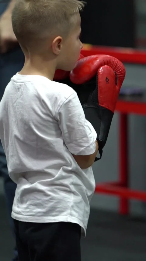 Little boy training boxing in gym with red gloves Stock Footage 344008704