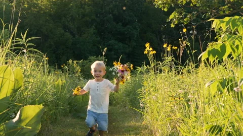 Little boy (two years old child) walking in park, picking wild flowers Stockbeeldmateriaal 113942859