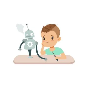 Little boy is upset by the failed experiment with the robot, kid programming and Stock Illustration