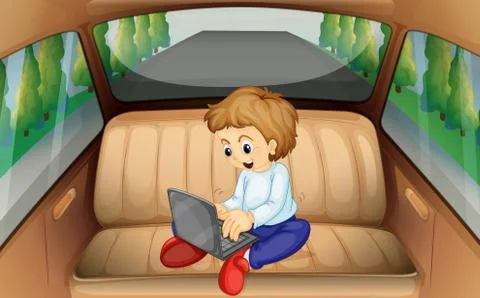 Little boy using computer in the car Illustrazione stock