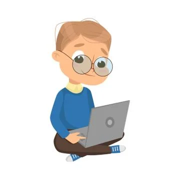 Little Boy Using Laptop Computer, Cute Intelligent Kid with Device, Education イラスト素材