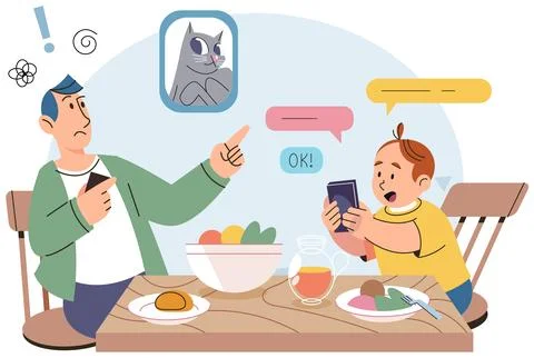 Little boy using tablet, child watching smartphone while eating at kitchen Stock Illustration