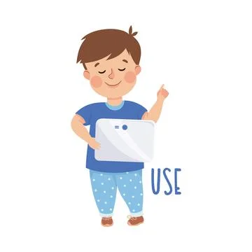 Little Boy Using Tablet Pc Demonstrating Vocabulary and Verb Studying Vector Stock Illustration