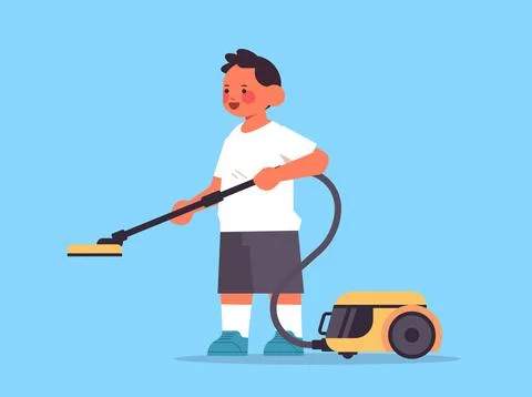 Little boy using vacuum cleaner cleaning childhood concept full length Stockillustratie