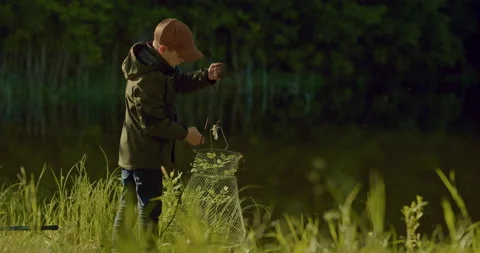 Little boy is viewing small fish and putting it in fish trap on coast of lake Stock-Footage 200725891