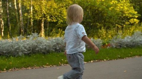 Little boy walking along the road in the park Stock Footage 120596861