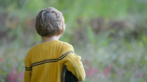 Little Boy Walking Down Dirt Path in Field Away from Camera Stock Footage 58188721