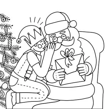 Little boy whispering in authentic Santa Claus ear indoors sitting on his knees Stock Illustration