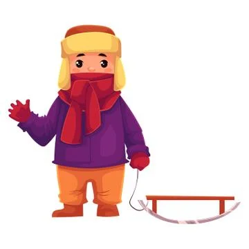 Little boy in winter clothes pulling a sled Stock Illustration