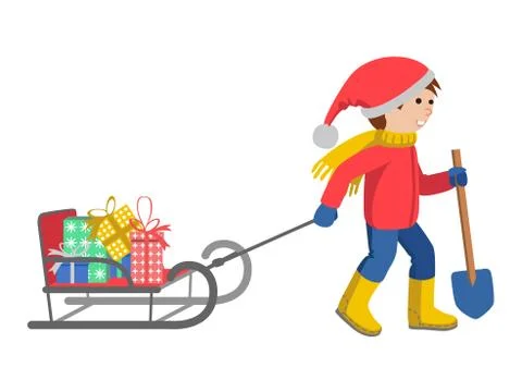 Little boy in winter clothes pulling a sled, cartoon style vector illustration Stock Illustration