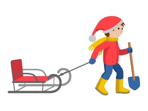 Little boy in winter clothes pulling a sled, cartoon style vector illustration Stock Illustration
