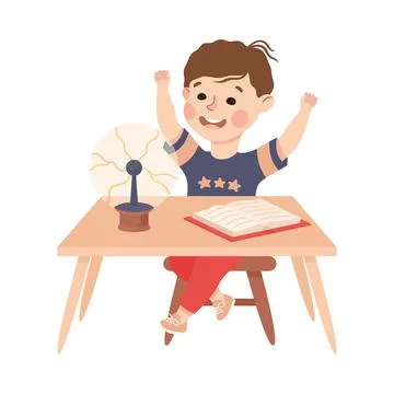 Little Boy Working on Physics Science Experiment with Glass Globe Vector Stock Illustration