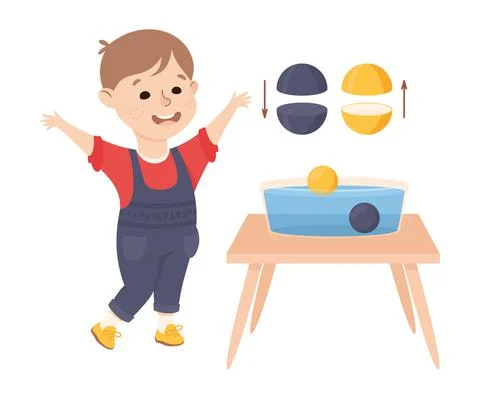Little Boy Working on Physics Science Experiment with Ball and Water Vector Stock Illustration